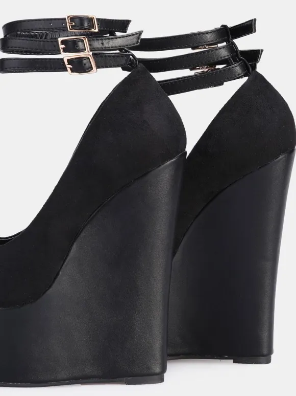 Women's Sexy Platform Wedge Heels Suede Peep Toe Ankle Strap Wedge Pumps in Black