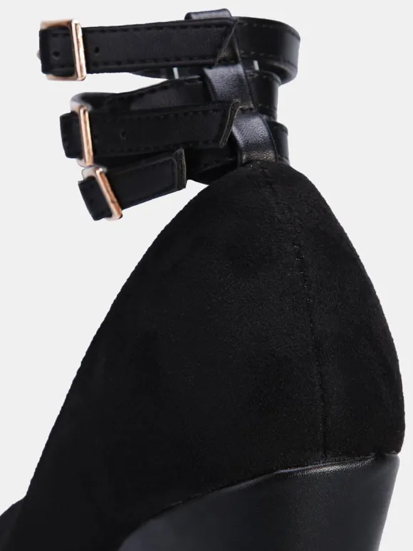 Women's Sexy Platform Wedge Heels Suede Peep Toe Ankle Strap Wedge Pumps in Black