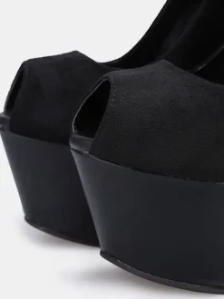 Women's Sexy Platform Wedge Heels Suede Peep Toe Ankle Strap Wedge Pumps in Black