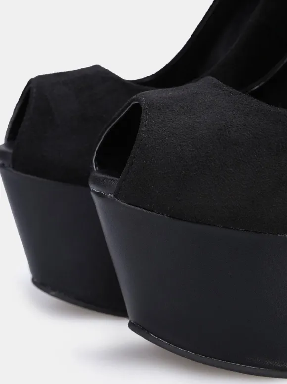 Women's Sexy Platform Wedge Heels Suede Peep Toe Ankle Strap Wedge Pumps in Black