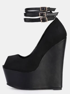 Women's Sexy Platform Wedge Heels Suede Peep Toe Ankle Strap Wedge Pumps in Black