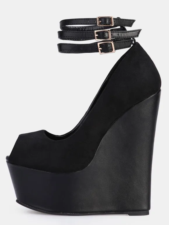 Women's Sexy Platform Wedge Heels Suede Peep Toe Ankle Strap Wedge Pumps in Black