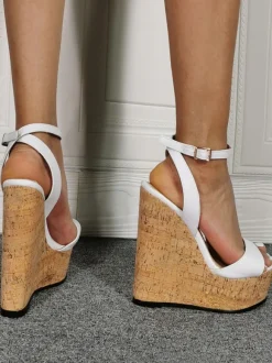 Women's Sexy Sandal Wedges White Slingback Platform Ankle Strap Wedge Sandals
