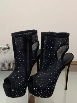 Women's Sexy Shoes Mesh Platform Open Toe Rhinestones High Heel Booties
