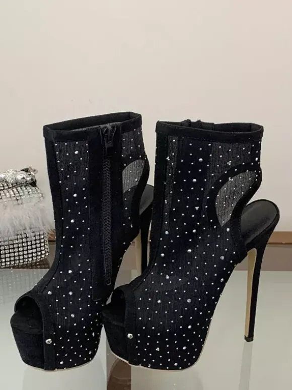 Women's Sexy Shoes Mesh Platform Open Toe Rhinestones High Heel Booties
