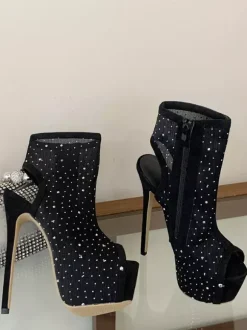 Women's Sexy Shoes Mesh Platform Open Toe Rhinestones High Heel Booties