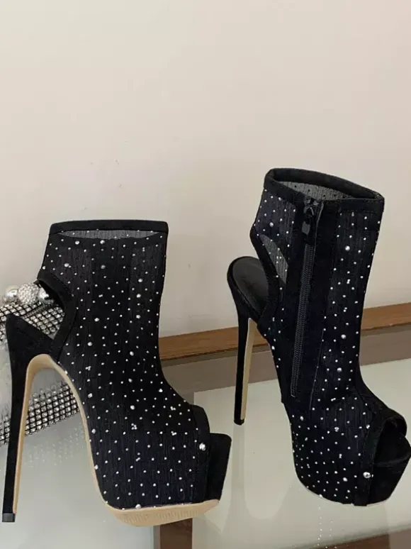 Women's Sexy Shoes Mesh Platform Open Toe Rhinestones High Heel Booties