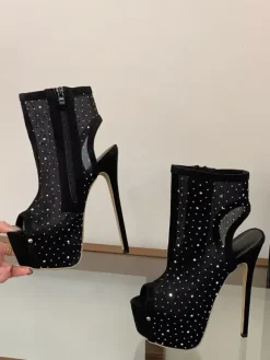 Women's Sexy Shoes Mesh Platform Open Toe Rhinestones High Heel Booties