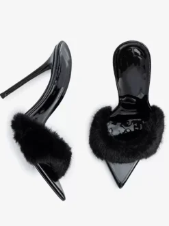 Women's Sexy Slide Sandals Faux Fur Open Toe High Heel Mules