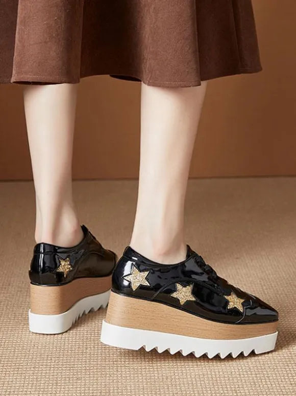 Women's Square Toe Platform Patent Leather Oxfords