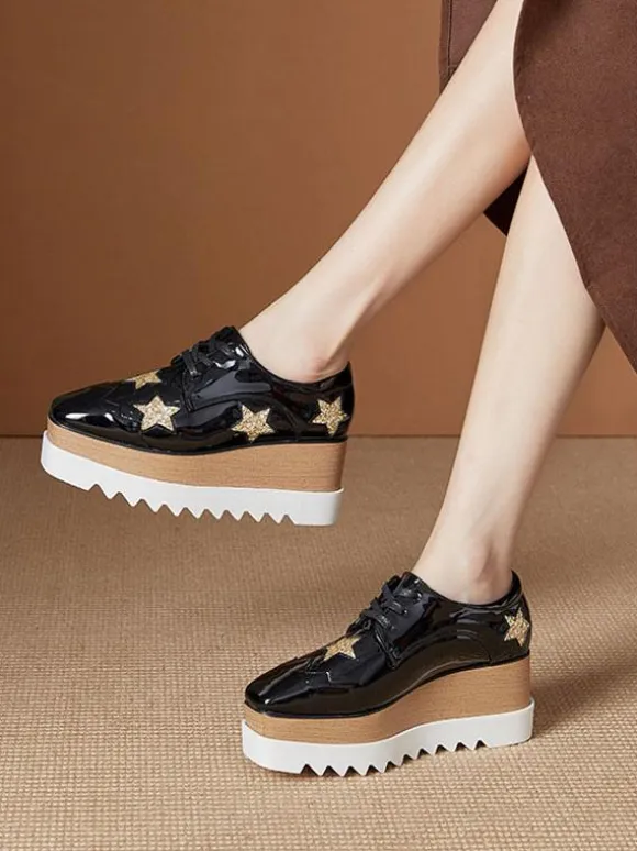 Women's Square Toe Platform Patent Leather Oxfords