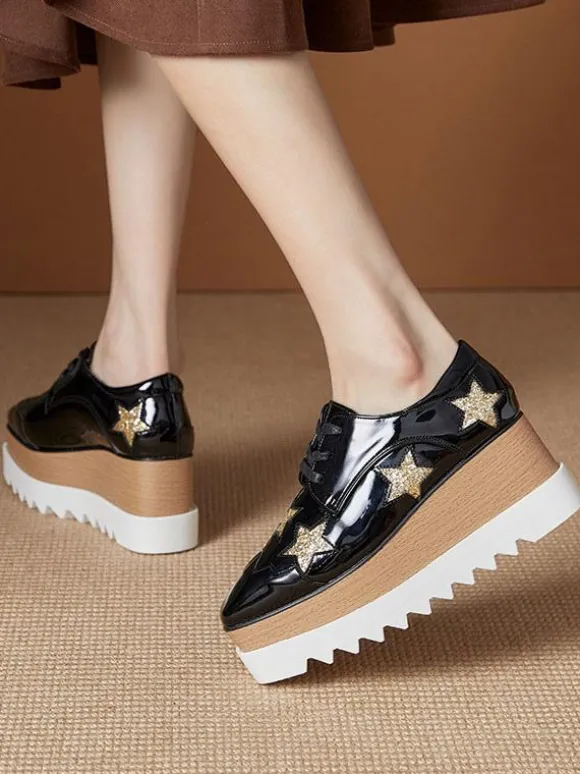 Women's Square Toe Platform Patent Leather Oxfords