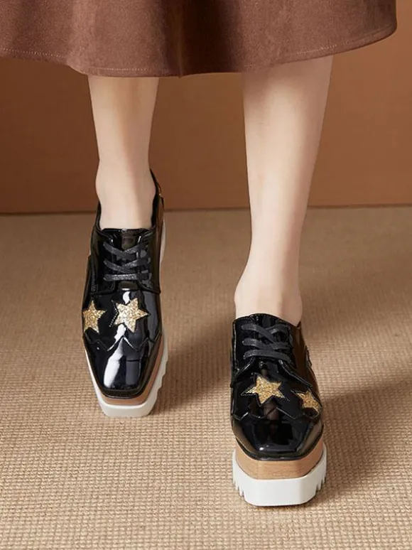 Women's Square Toe Platform Patent Leather Oxfords