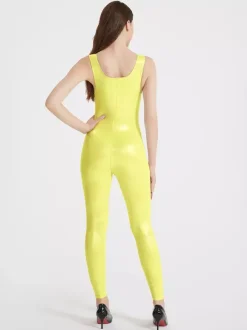 Womens Strappy Shiny Sports Bodysuit Sexy Waist Trainer For Yoga High Elasticity Latex-Look Catsuit