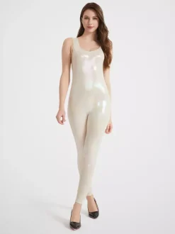 Womens Strappy Shiny Sports Bodysuit Sexy Waist Trainer For Yoga High Elasticity Latex-Look Catsuit