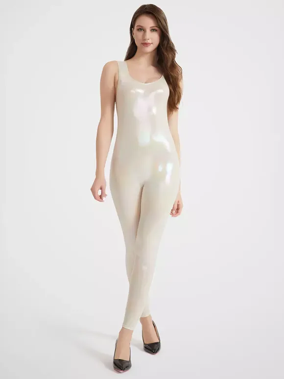 Womens Strappy Shiny Sports Bodysuit Sexy Waist Trainer For Yoga High Elasticity Latex-Look Catsuit