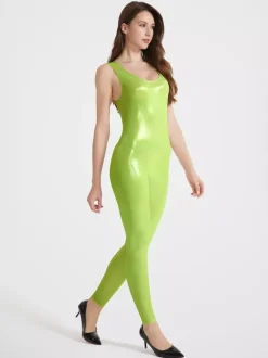 Womens Strappy Shiny Sports Bodysuit Sexy Waist Trainer For Yoga High Elasticity Latex-Look Catsuit