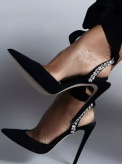 Women's Suede Pumps Pointed Toe Rhinestones Lace Up Slingback Pumps