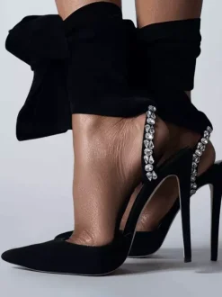 Women's Suede Pumps Pointed Toe Rhinestones Lace Up Slingback Pumps