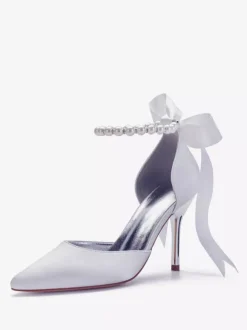 Women's Tie Up Pearls Ankle Strap Heeled Bridal Pumps