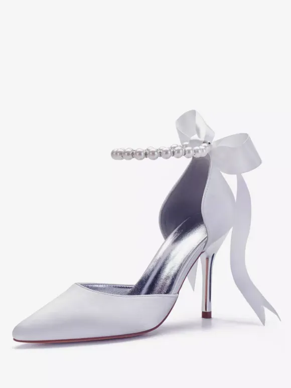 Women's Tie Up Pearls Ankle Strap Heeled Bridal Pumps