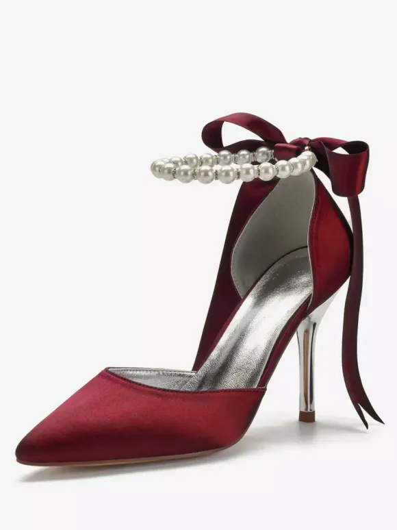 Women's Tie Up Pearls Ankle Strap Heeled Bridal Pumps