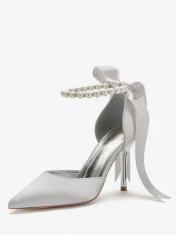 Women's Tie Up Pearls Ankle Strap Heeled Bridal Pumps