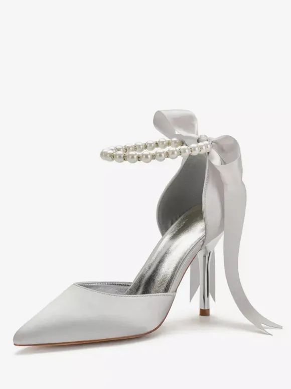 Women's Tie Up Pearls Ankle Strap Heeled Bridal Pumps