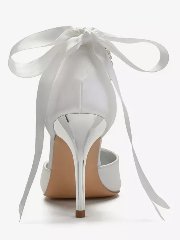 Women's Tie Up Pearls Ankle Strap Heeled Bridal Pumps