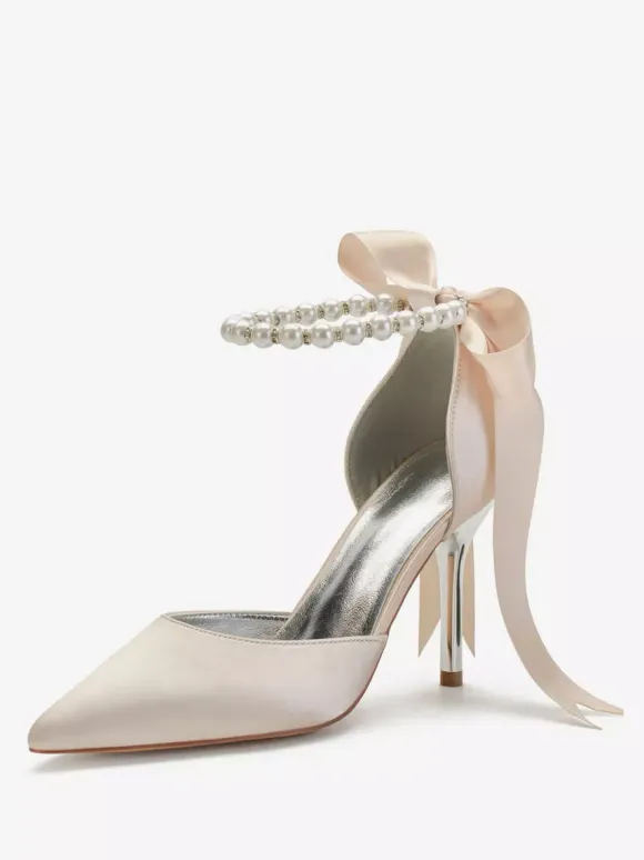 Women's Tie Up Pearls Ankle Strap Heeled Bridal Pumps