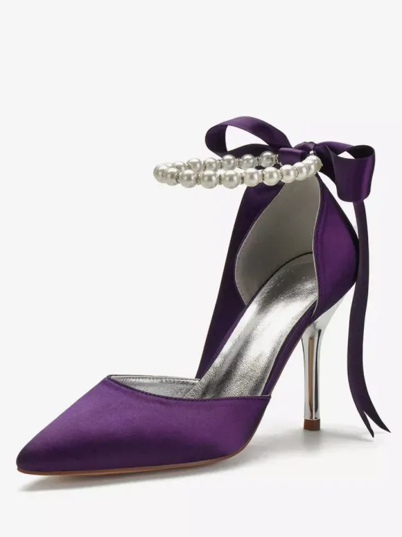 Women's Tie Up Pearls Ankle Strap Heeled Bridal Pumps