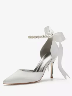 Women's Tie Up Pearls Ankle Strap Heeled Bridal Pumps