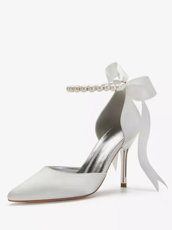 Women's Tie Up Pearls Ankle Strap Heeled Bridal Pumps