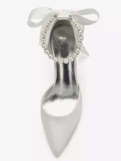 Women's Tie Up Pearls Ankle Strap Heeled Bridal Pumps