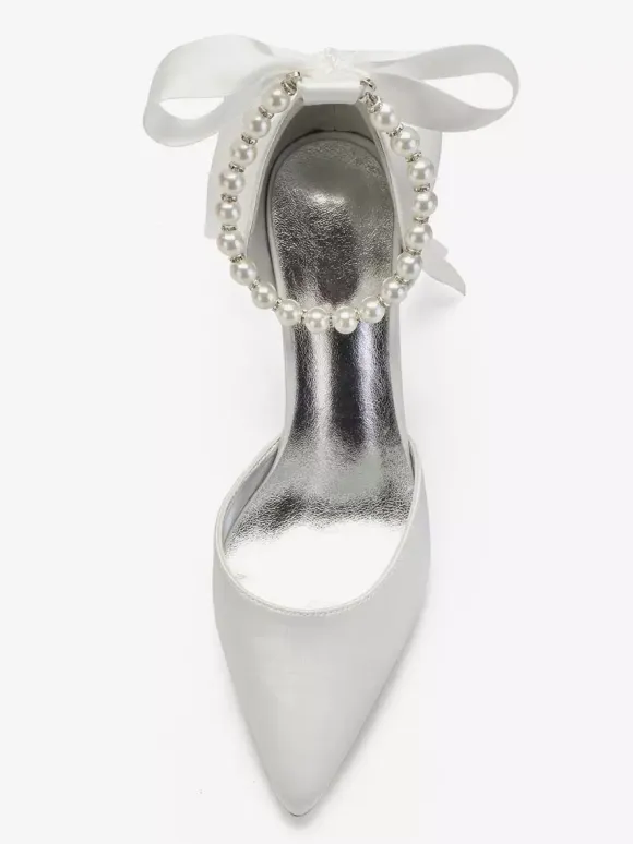 Women's Tie Up Pearls Ankle Strap Heeled Bridal Pumps