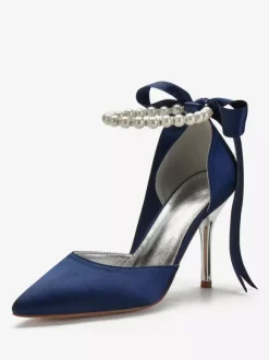 Women's Tie Up Pearls Ankle Strap Heeled Bridal Pumps