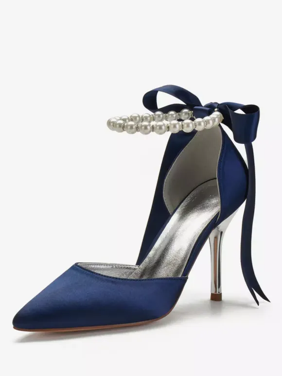 Women's Tie Up Pearls Ankle Strap Heeled Bridal Pumps