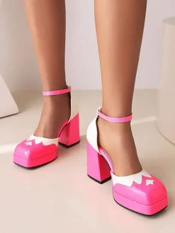 Women's Two Tone Ankle Strap Block Heel Pumps