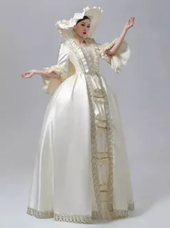 Women's Victorian Dress Champagne Long Sleeves Retro Ball Gown With Hat