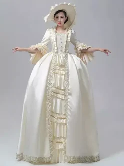 Women's Victorian Dress Champagne Long Sleeves Retro Ball Gown With Hat