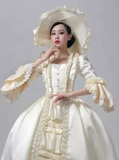 Women's Victorian Dress Champagne Long Sleeves Retro Ball Gown With Hat