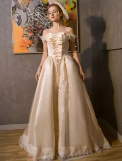 Women's Victorian Retro Dress Champagne Rococo Royal Princess Off The Shoulder Satin Costumes Dress