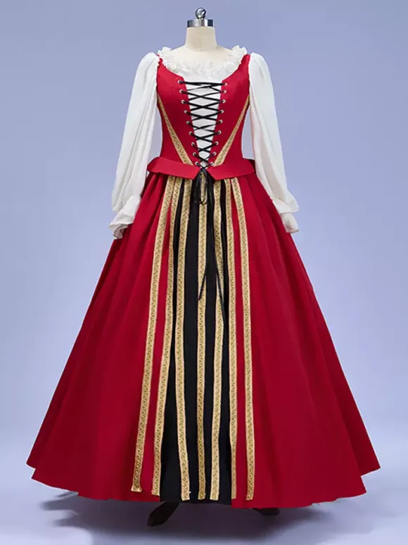 Womens Vintage Dress Red Satin Long Sleeve Renaissance Cosplay Costume Burgundy