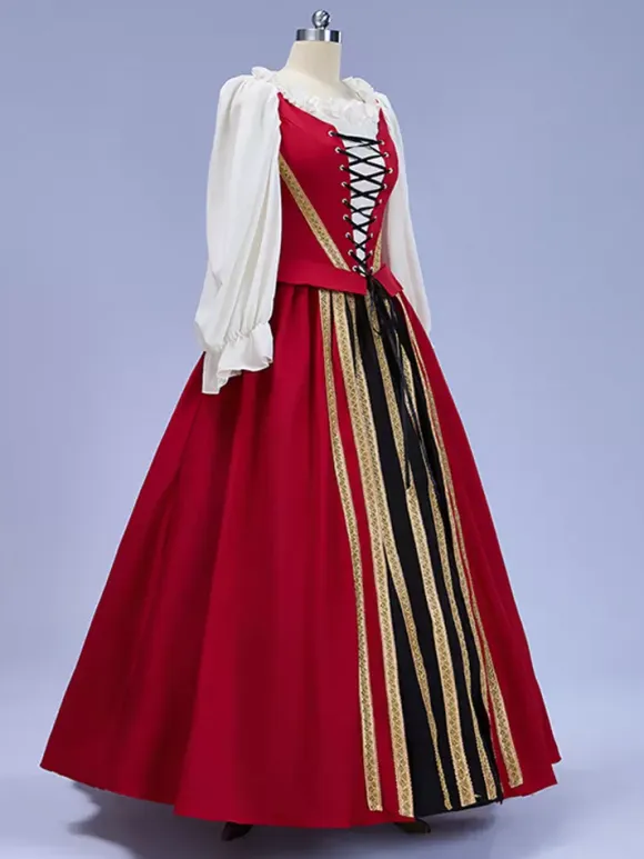 Womens Vintage Dress Red Satin Long Sleeve Renaissance Cosplay Costume Burgundy