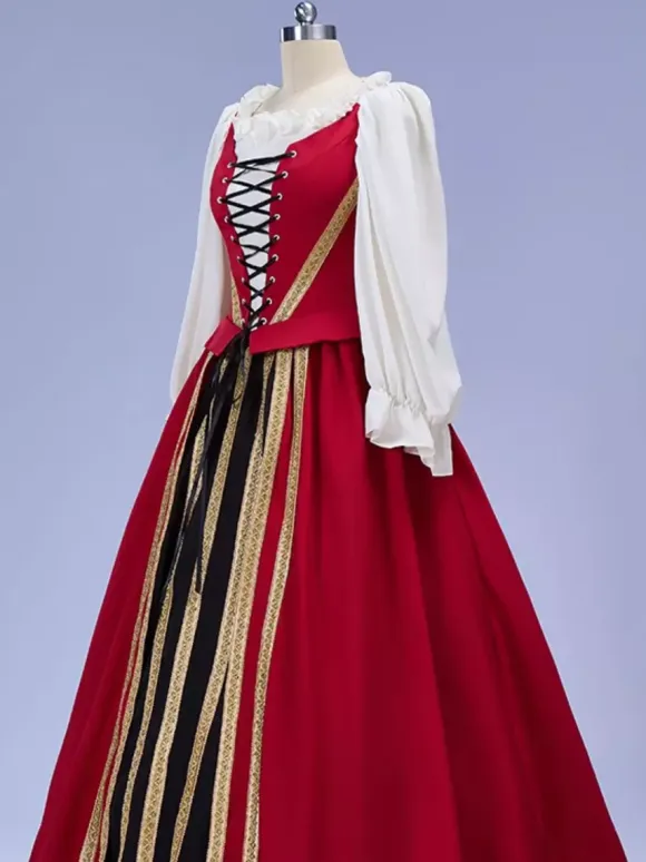 Womens Vintage Dress Red Satin Long Sleeve Renaissance Cosplay Costume Burgundy