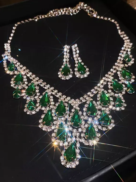 Women's Vintage Jewelry Green Rhinestone Necklace Earrings Retro Sets