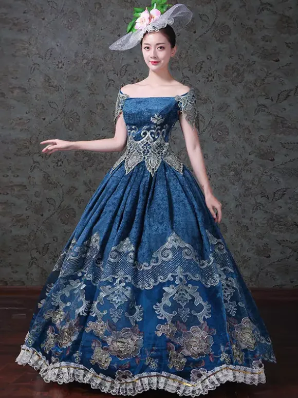 Womens Vintage Victorian Rococo Dress Off Shoulder Floral Printed Ball Gown Dress