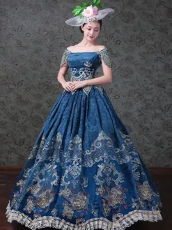 Womens Vintage Victorian Rococo Dress Off Shoulder Floral Printed Ball Gown Dress