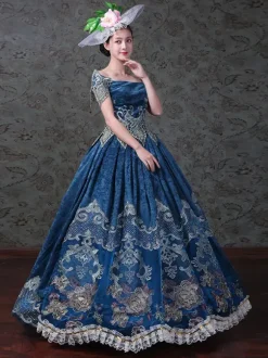 Womens Vintage Victorian Rococo Dress Off Shoulder Floral Printed Ball Gown Dress