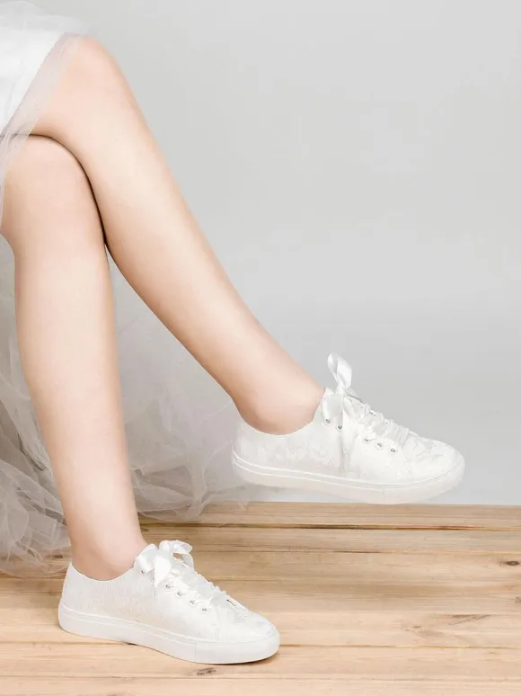Women's Wedding Shoes Canvas Round Toe Flat Bridal Sneaker Shoes